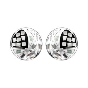 Boucles d\'oreilles Stella Mia en acier et nacre blanche vritable plateau rond avec motifs gomtriques et noir et blanc et fermoir poussette - Vue 1