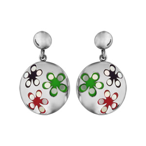 Boucles d\'oreilles Stella Mia en acier et nacre blanche véritable plateau rond bombé et motifs fleurs multicolores et fermoir clou avec poussette - Vue 1