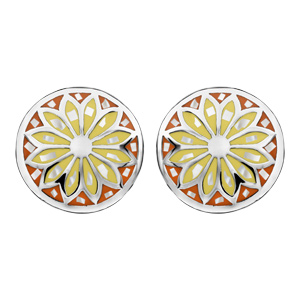 Boucles d\'oreilles Stella Mia en acier et nacre blanche vritable plateau rond bomb motif fleur et dgrad de jaune et orange et fermoir poussette - Vue 1