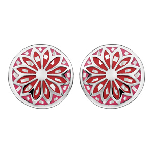 Boucles d\'oreilles Stella Mia en acier et nacre blanche vritable plateau rond bomb motif fleur et dgrad de rouge et rose et fermoir poussette - Vue 1