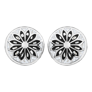 Boucles d\'oreilles Stella Mia en acier et nacre blanche véritable plateau rond bombé motif fleur et noir et blanc et fermoir clou avec poussette - Vue 1