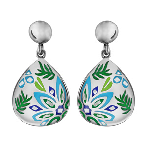 Boucles d\'oreilles Stella Mia en acier et nacre goutte suspendue avec motif plantes bleu vert - fermoir poussette - Vue 1