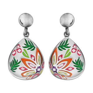 Boucles d\'oreilles Stella Mia en acier et nacre goutte suspendue avec motif plantes orange, jaune, rose et vert et fermoir poussette - Vue 1