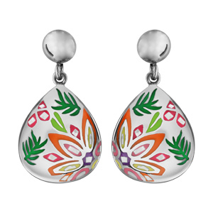 Boucles d\'oreilles Stella Mia en acier et nacre goutte suspendue avec motif plantes orange, jaune, rose et vert - fermoir clou avec poussette - Vue 1