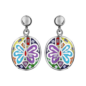 Boucles d\'oreilles Stella Mia en acier et nacre ovale suspendu avec papillon multicolore - fermoir poussette - Vue 1