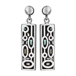 Boucles d\'oreilles Stella Mia en acier et nacre rectangle suspendu avec motifs ovales noirs - fermoir clou avec poussette - Vue 1