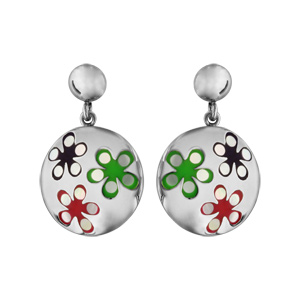Boucles d\'oreilles Stella Mia en acier pendantes motifs fleurs multicolores et nacre blanche vritable avec fermoir poussette - Vue 1