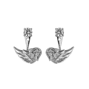 Boucles d\'oreilles suspensions réglables en argent rhodié 1 oxyde blanc serti sur le clou et aile d\'ange ornée d\'oxydes blancs sertis sur la suspension et fermoir clou avec poussette - Vue 1