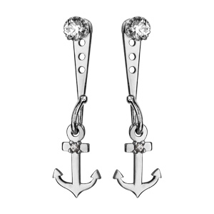 Boucles d\'oreilles suspensions réglables en argent rhodié 1 oxyde blanc serti sur le clou et ancre marine ornée d\'1 oxydes blancs sertis sur la suspension et fermoir tige à poussette - Vue 1