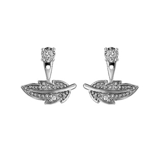 Boucles d\'oreilles suspensions réglables en argent rhodié 1 oxyde blanc serti sur le clou et feuille ornée d\'oxydes blancs sertis sur la suspension et fermoir clou avec poussette - Vue 1