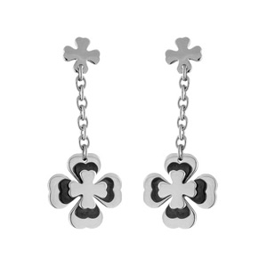 Boucles d\'oreilles tige acier pendante motif trèfle noir - Vue 1