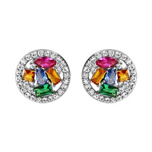 Boucles d\'oreilles tige argent rhodié rondes pierres multicolores - Vue 1