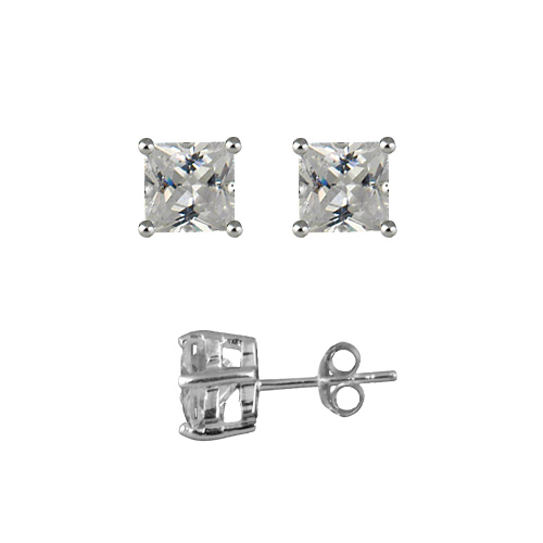 Boucles d\'oreilles tige solitaire en Argent pierre blanche carre  7mm - Vue 1