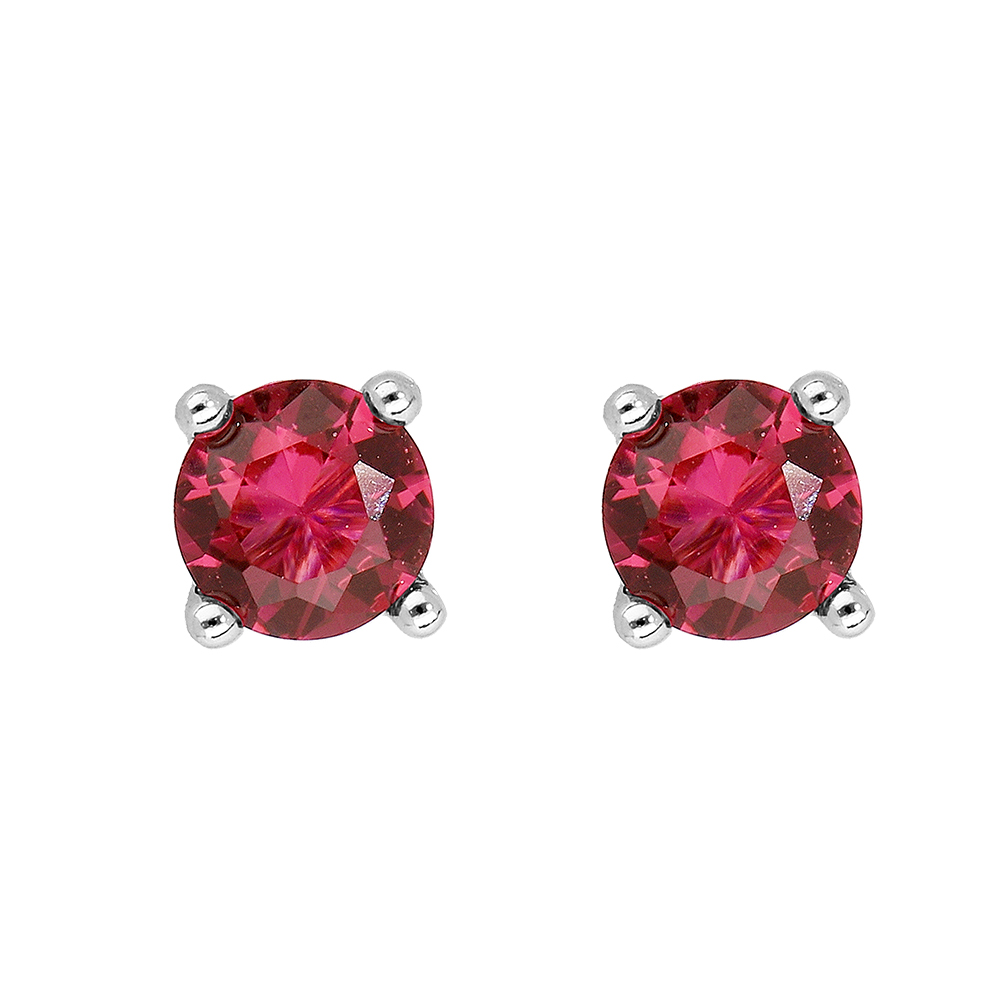 Boucles d\'oreilles tige solitaire en argent rhodi� clou de 4mm oxyde fuschia serti 4 griffes tte - Vue 1