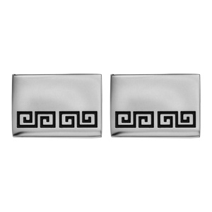 Boutons de manchette en acier rectangulaires motif méandres grecs résine noire - Vue 1