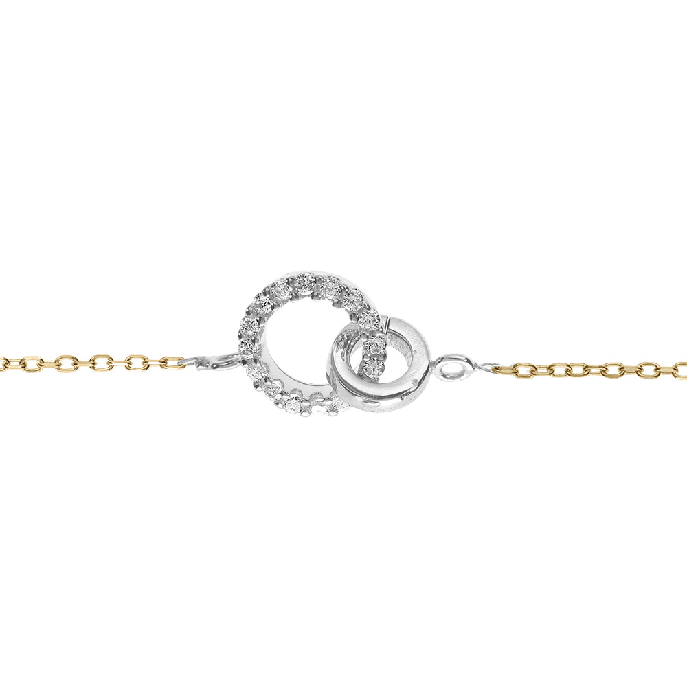 Bracdelet cha�ne dor� jaune et 2 cercles entreelac�s argent rhodi� avec oxyde blanc r�glable 16 � 19cm - Vue 1