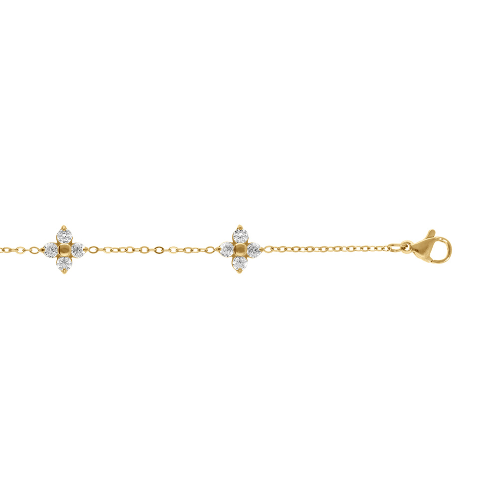 Bracelet acier dor� quatre fleurs d\'oxydes blancs - 17+3cm - Vue 1