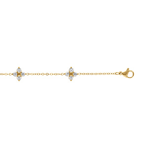 Bracelet acier dor� quatre fleurs d'oxydes blancs - 17+3cm