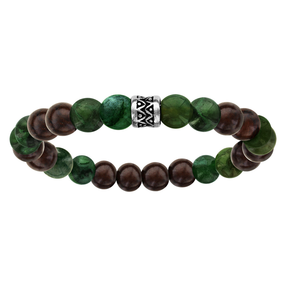 Bracelet acier elastique perles bois et quartz vert - Vue 1
