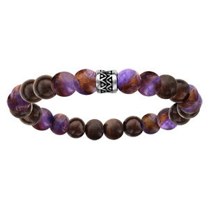 Bracelet acier elastique perles bois et quartz violet - Vue 1