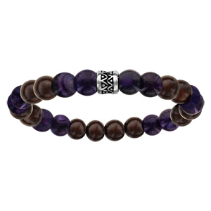 Bracelet acier lastique perles bois et quartz violet sombre - Vue 1