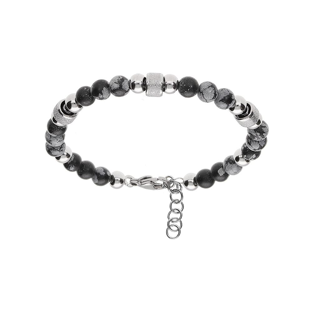 Bracelet acier et boules labradorite teint� grises avec cylindre granit� r�glable 19 � 21cm - Vue 1