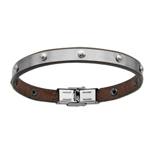 Bracelet acier et cuir bovin marron avec boules 20cm - Vue 1