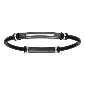 Bracelet acier et cuir noir vritable 19cm - Vue 1