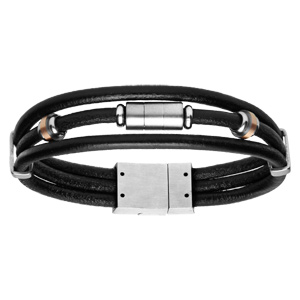 Bracelet acier et cuir noir vritable 3 rangs 21,5cm - Vue 1