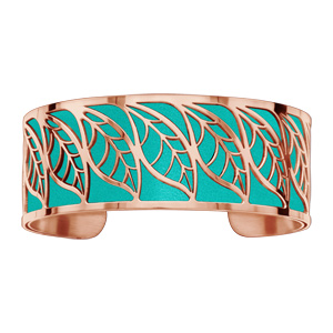 Bracelet acier et PVD rose motif feuille pu simili cuir turquoise - Vue 1