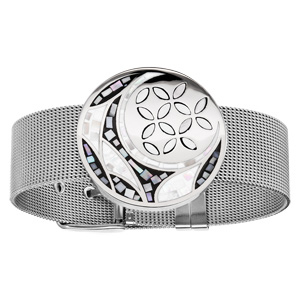 Bracelet acier Stella Mia en acier maille milanaise motif fleur noir et blanc avec nacre 19,5cm réglable - Vue 1