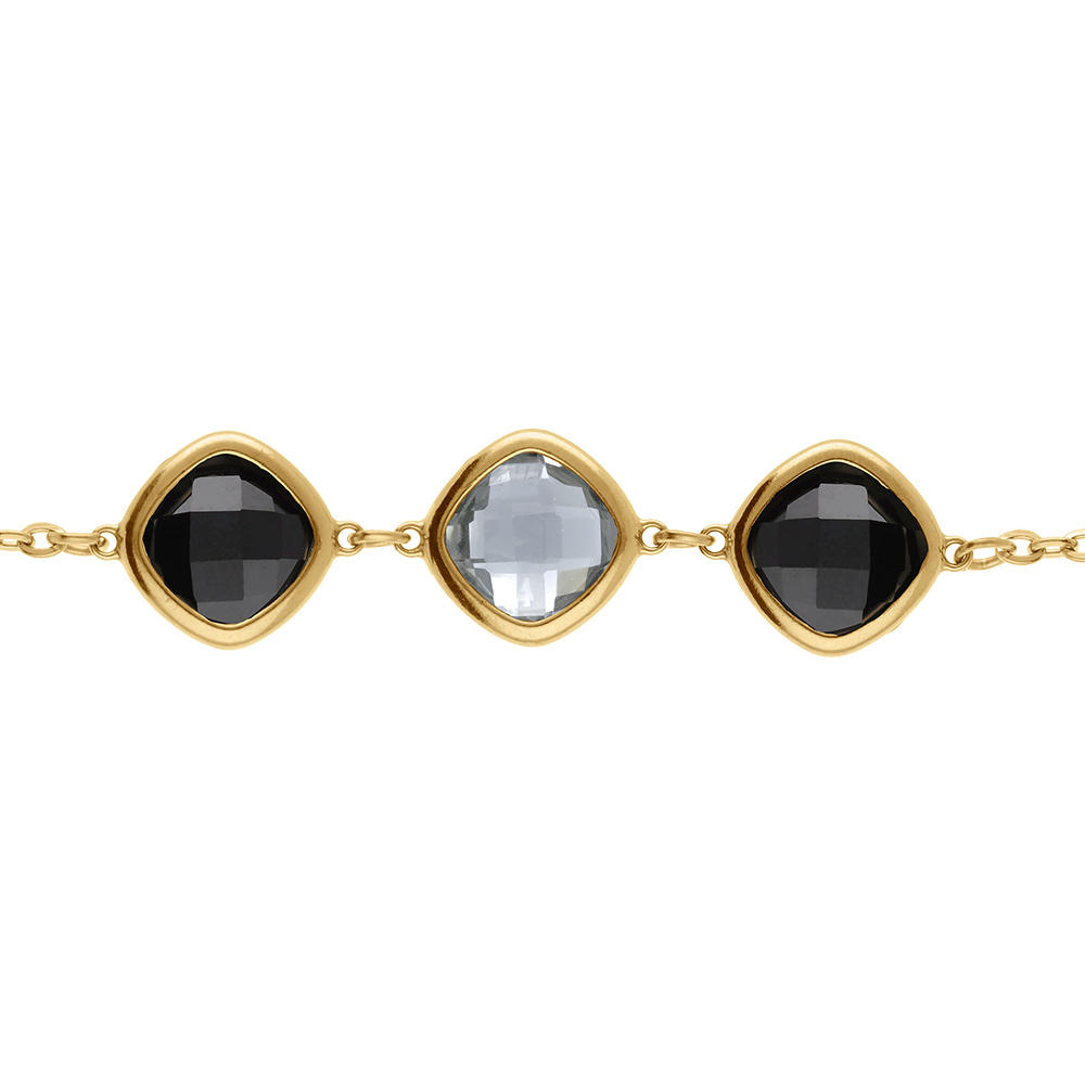 Bracelet aen cier dor� avec oxydes carr�s noirs et gris - 17+2cm - Vue 1