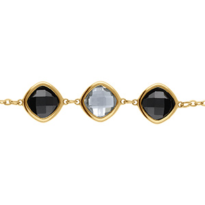 Bracelet aen cier dor� avec oxydes carr�s noirs et gris - 17+2cm
