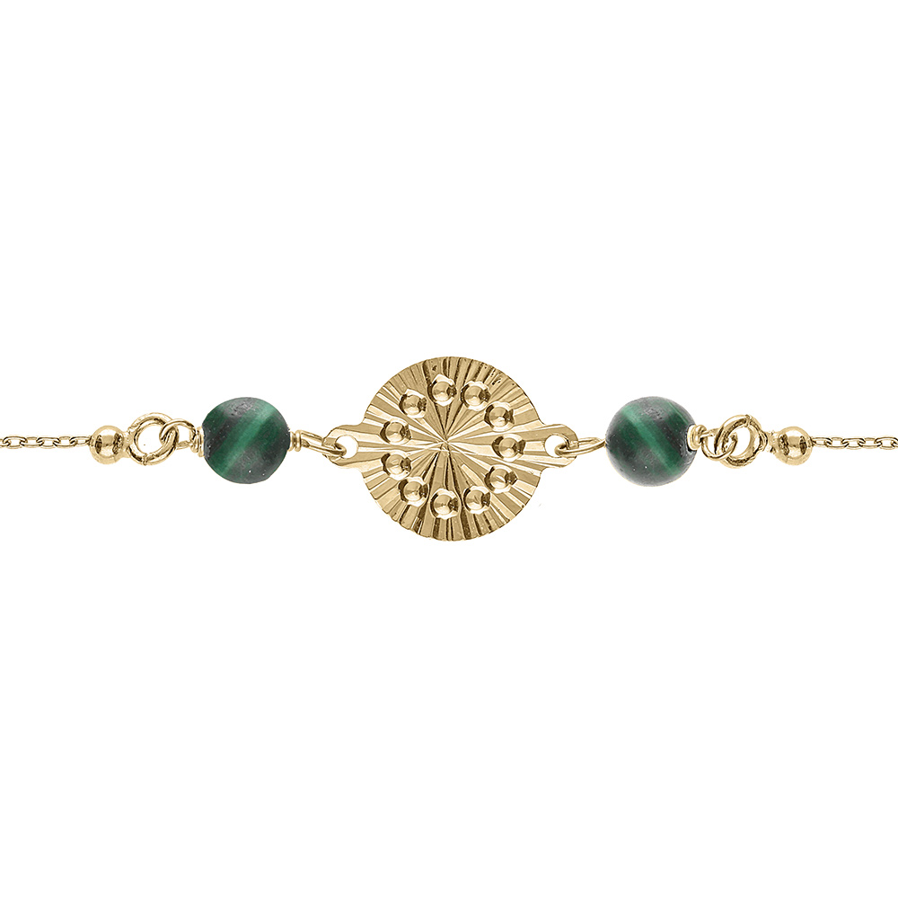 Bracelet argent dor� jaune cha�ne boules cercle diamant� avec 2 boules malachite v�ritable r�glable 16 � 19cm - Vue 1