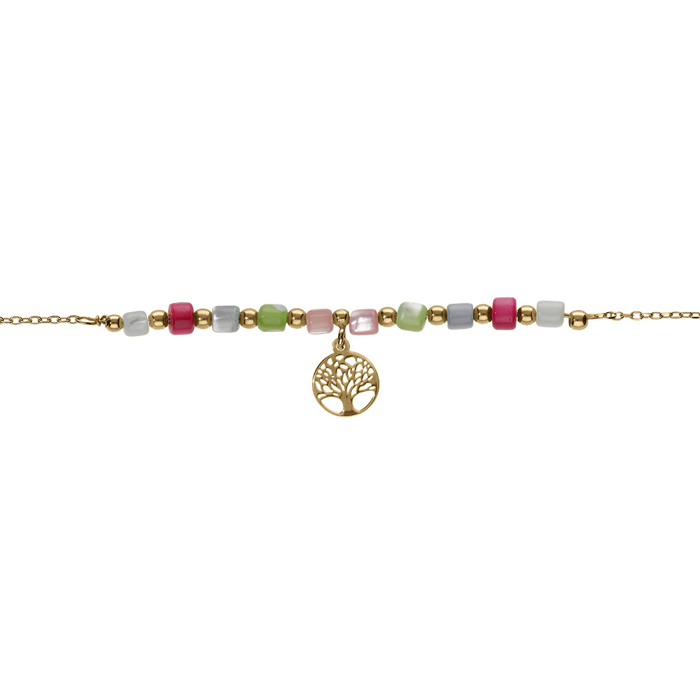 Bracelet argent dor� pampille arbre de vie et perles nacre v�ritable teint�e r�glable 16 � 19cm - Vue 1