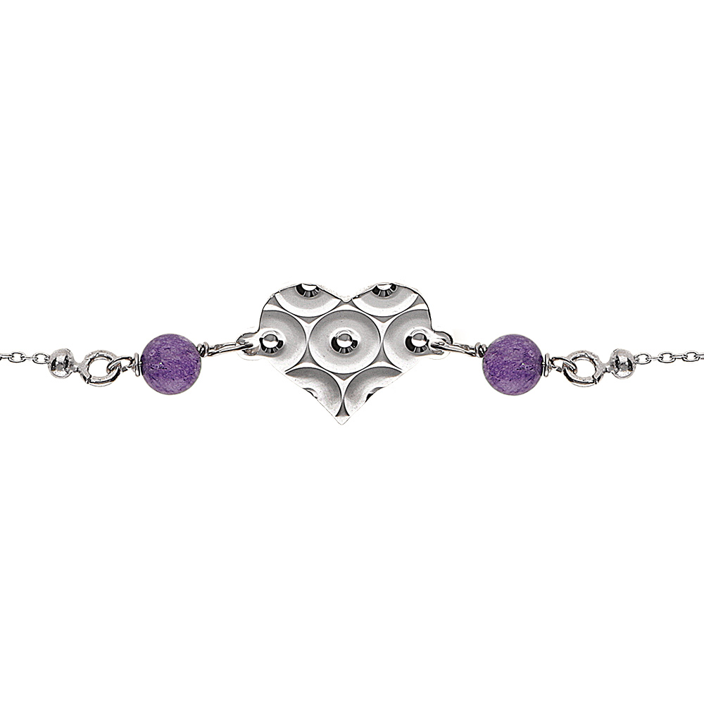 Bracelet argent rhodi� cha�ne boule coeur martel� avec 2 boules jade violette v�ritable r�glable 16 � 19cm - Vue 1