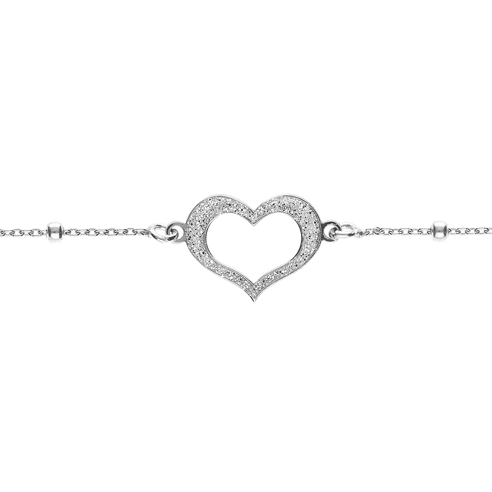 Bracelet argent rhodi� cha�ne boules avec coeur givr� r�glable 16 � 19cm - Vue 1
