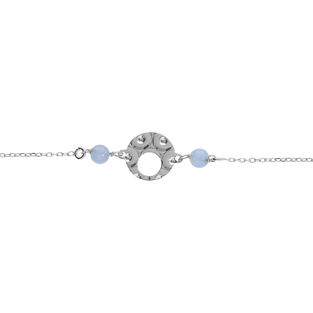 Bracelet argent rhodi� pastille martel� avec 2 boules jade bleu ciel  r�glable 16 � 19cm - Vue 1