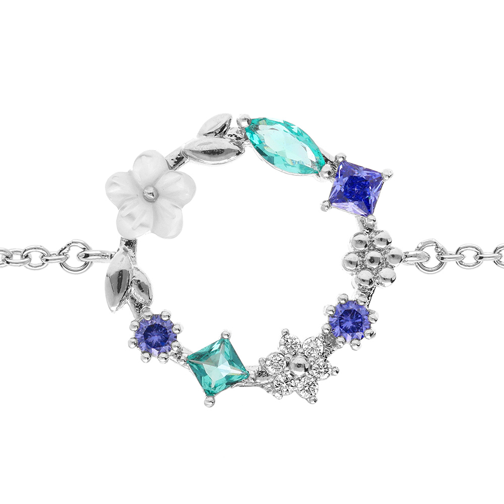 Bracelet argent rhodi� rond avec fleurs d\'ioxydes nuance bleue et sa fleur de nacre blanche -16+2cm - Vue 1