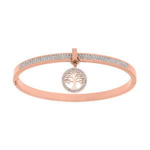Bracelet articulé en acier et PVD rose avec rails d\'oxydes blancs et pampille arbre de vie diamètre 58mm - Vue 1