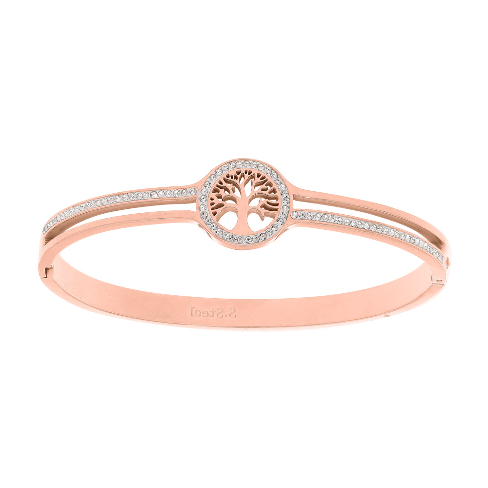 Bracelet articul en acier et PVD rose rail d\'oxydes blancs avec pastille arbre de vie diamtre 58mm - Vue 1