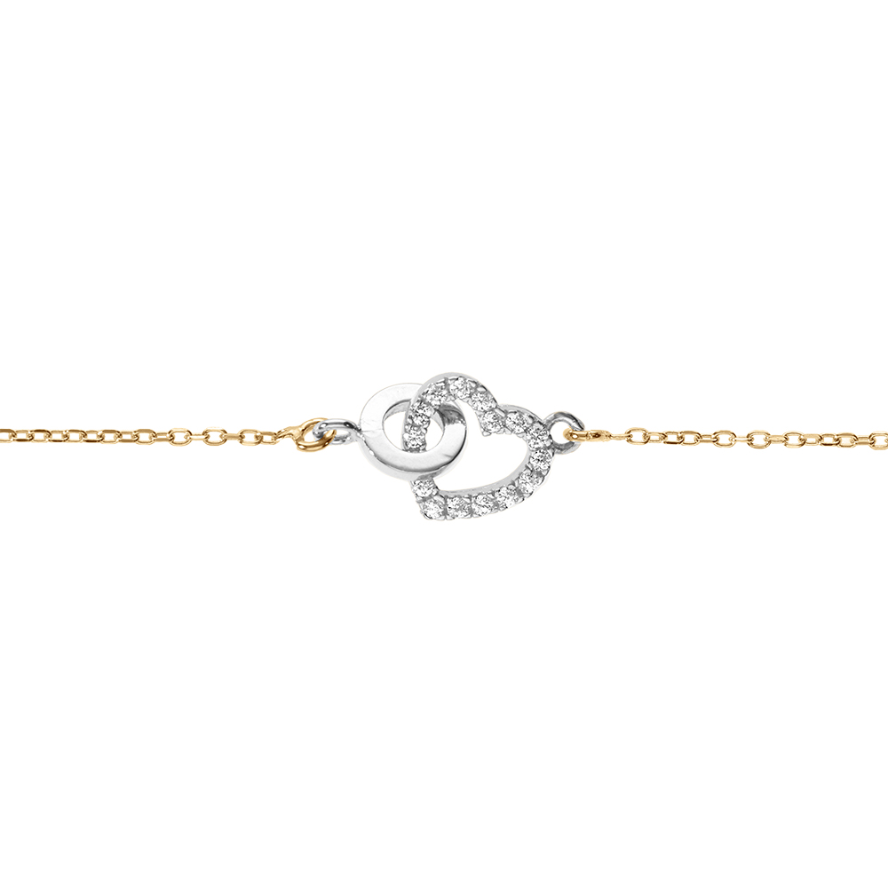 Bracelet cha�ne dor� jaune et coeur et cercle entrelac� argent rhodi� avec oxyde blanc  r�glable 16 � 19cm - Vue 1