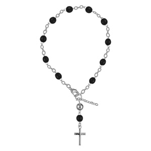 Bracelet chapelet perles noires 1 boule avec petite croix acier - Vue 1