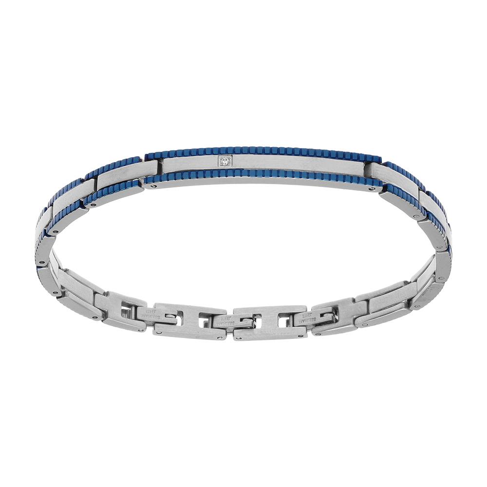 Bracelet d\'identit� en acier avec bordure PVD bleu - 18+3cm double fermoir - Vue 1