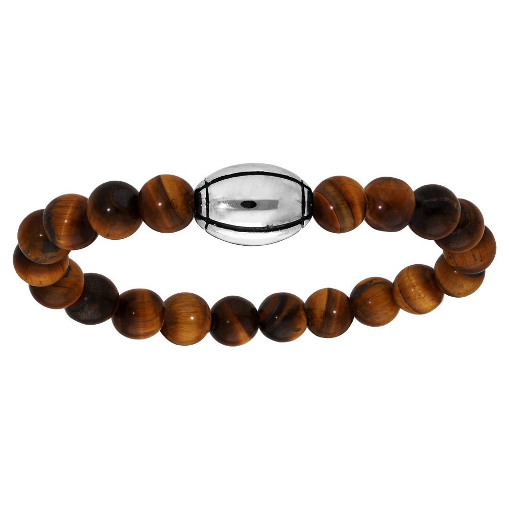 Bracelet �lastique avec perles Oeil de tigre et ballon de rugby � graver - Vue 1