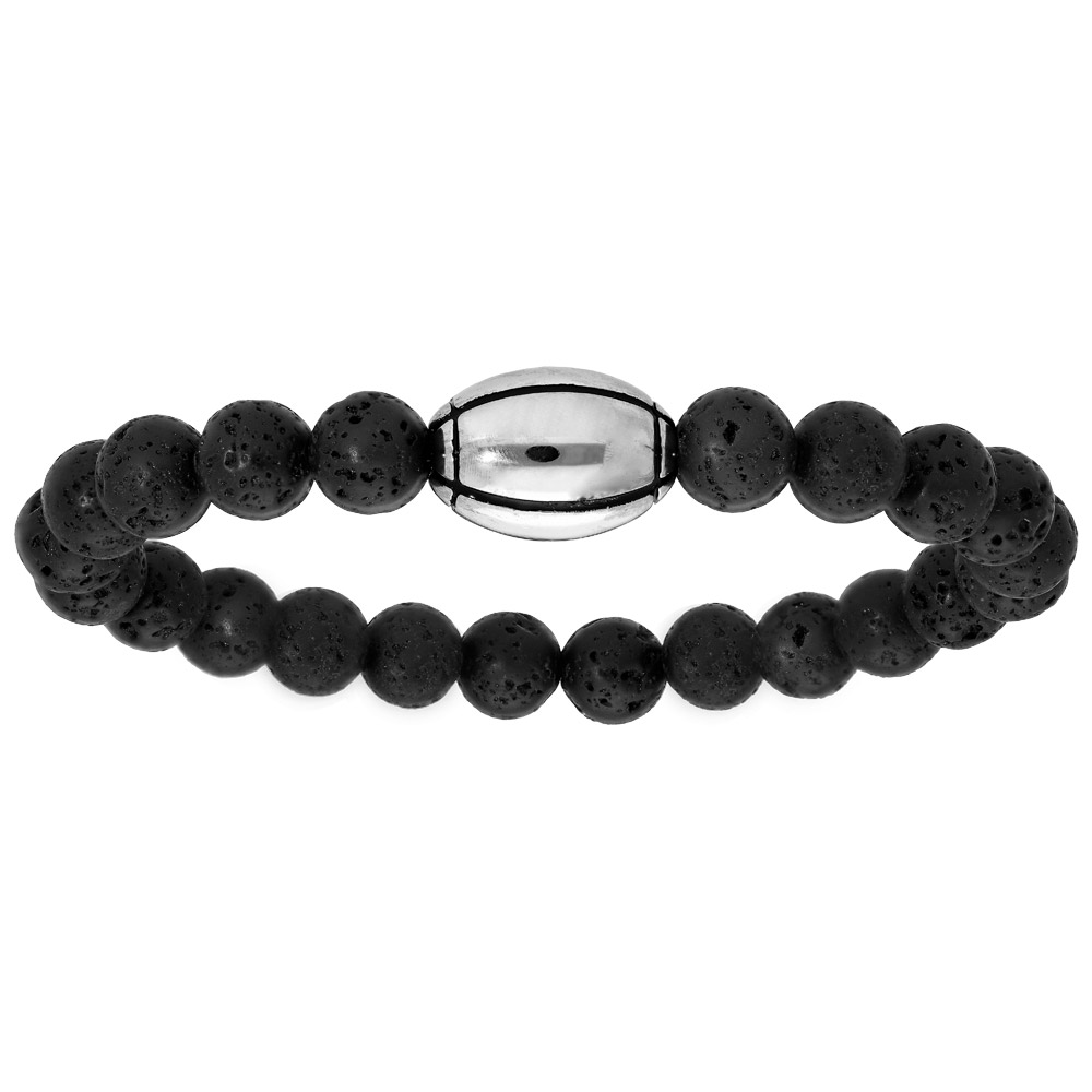 Bracelet lastique perles en pierre de lave avec ballon de rugby  graver - Vue 1