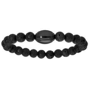 Bracelet lastique perles en pierre de lave avec ballon de rugby noir  graver - Vue 1