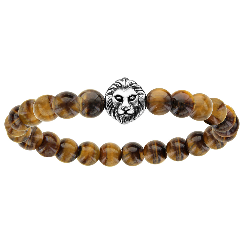Bracelet �lastique perles synth�tiques marron avec t�te de lion - Vue 1