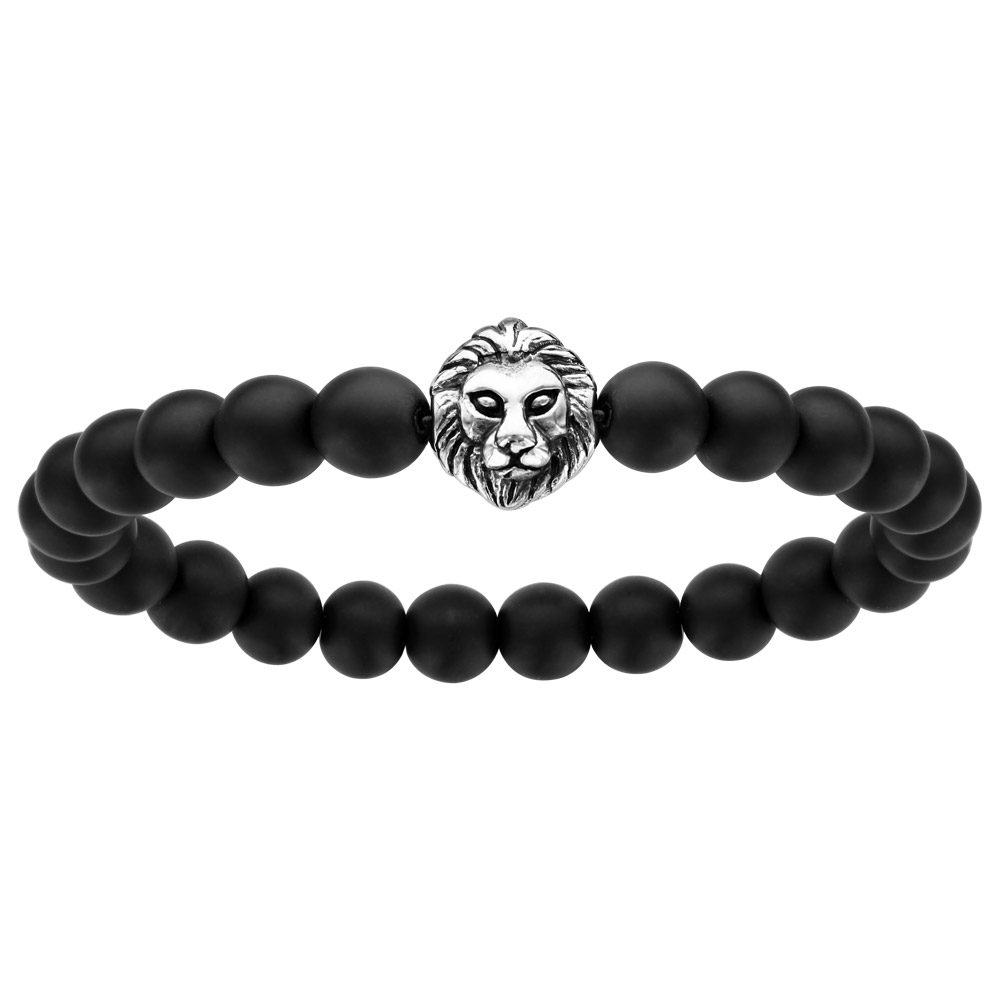 Bracelet lastique perles synthtiques noires avec tte de lion - Vue 1