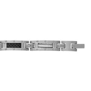 Bracelet en acier alternance de maillons ajours et orns de 2 cbles gris et avec vis sur les bords et maillons avec carbone motif tress et vis sur les bords - longueur 19cm + 1,5cm rglable par double fermoir - Vue 1